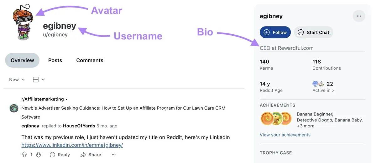 Reddit 用户个人资料上高亮头像、用户名和简介。