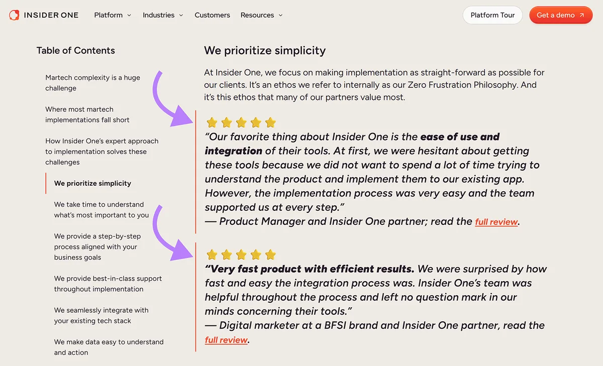 Insider One 网页使用客户评价和五星评分作为社会认同