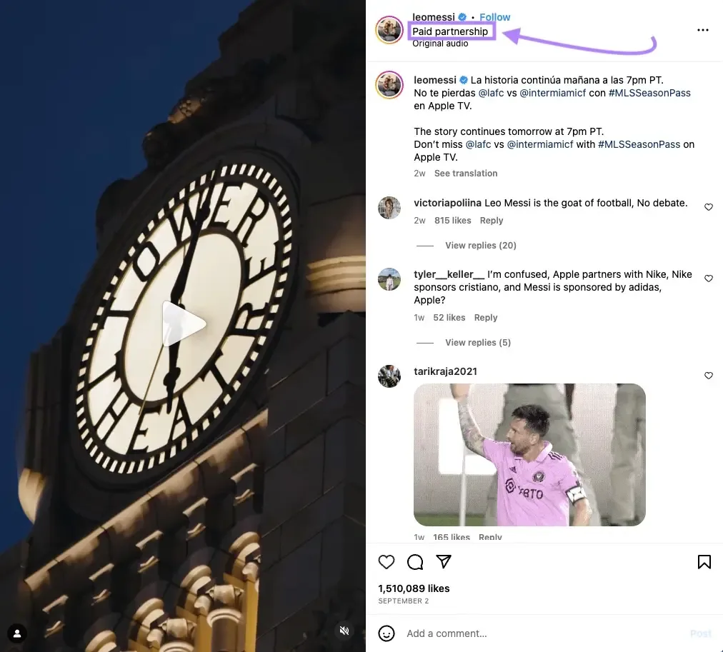 @leomessi 的 Instagram“付费合作”帖子示例