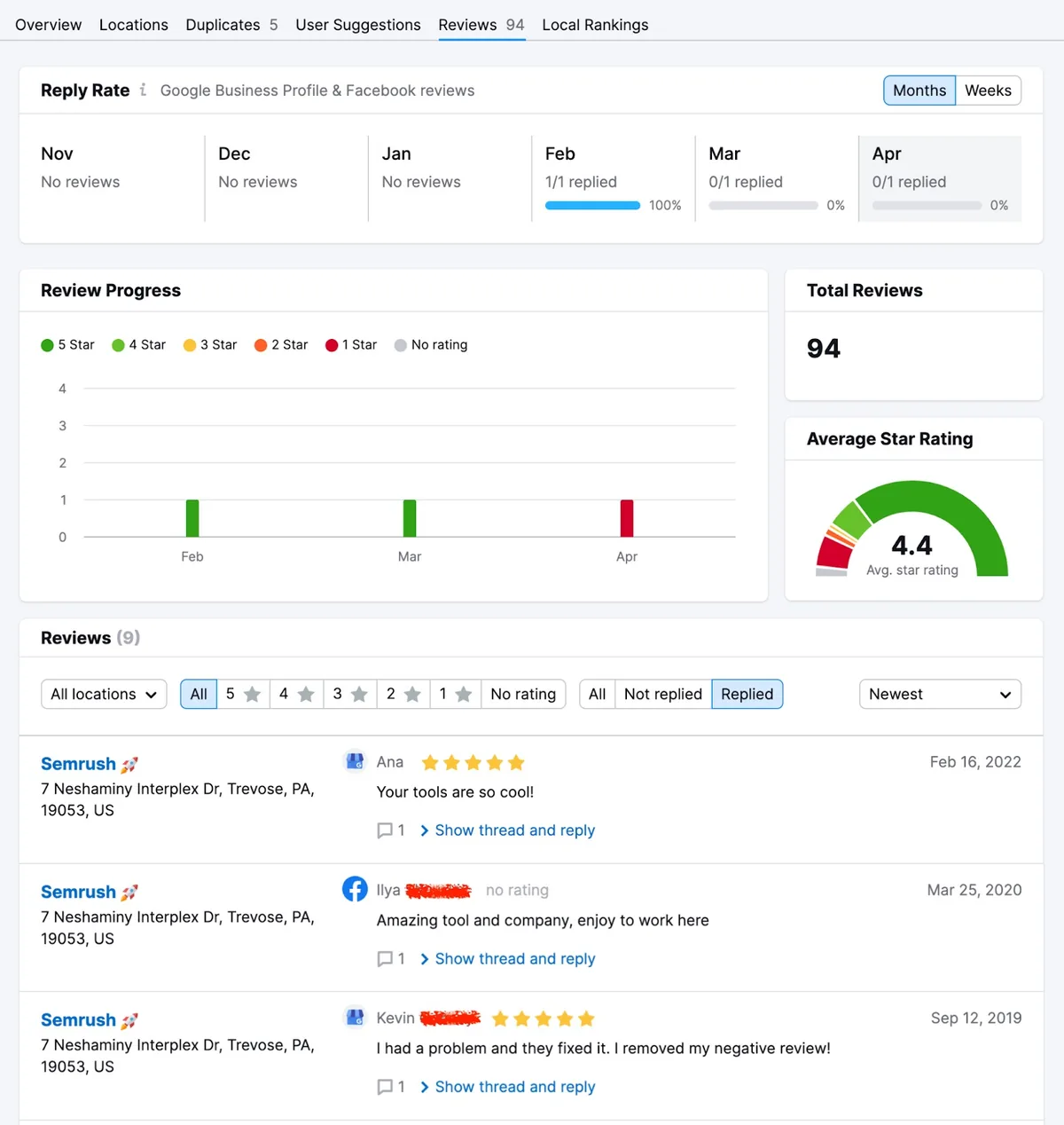 Semrush 的 Review Management 工具中的 Review 界面让语音搜索营销更轻松。