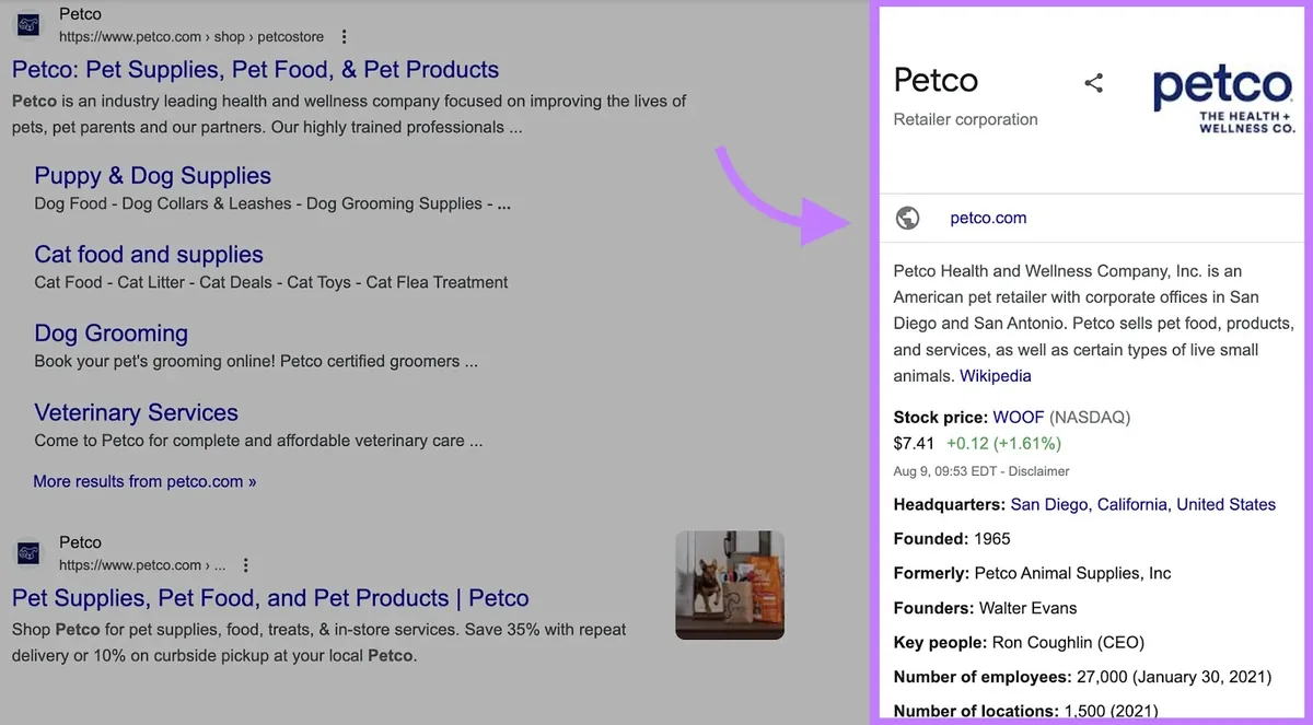 Petco 公司的 Google 知识面板。