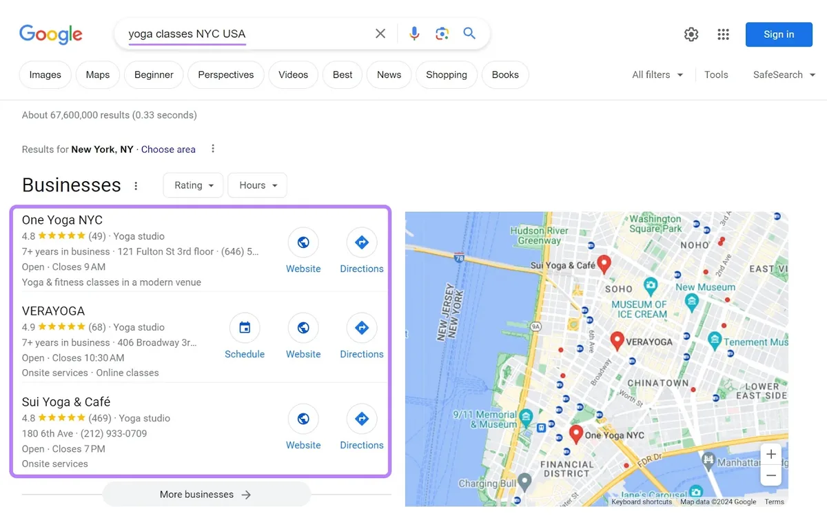 “yoga classes NYC USA”查询的 Google 本地包结果