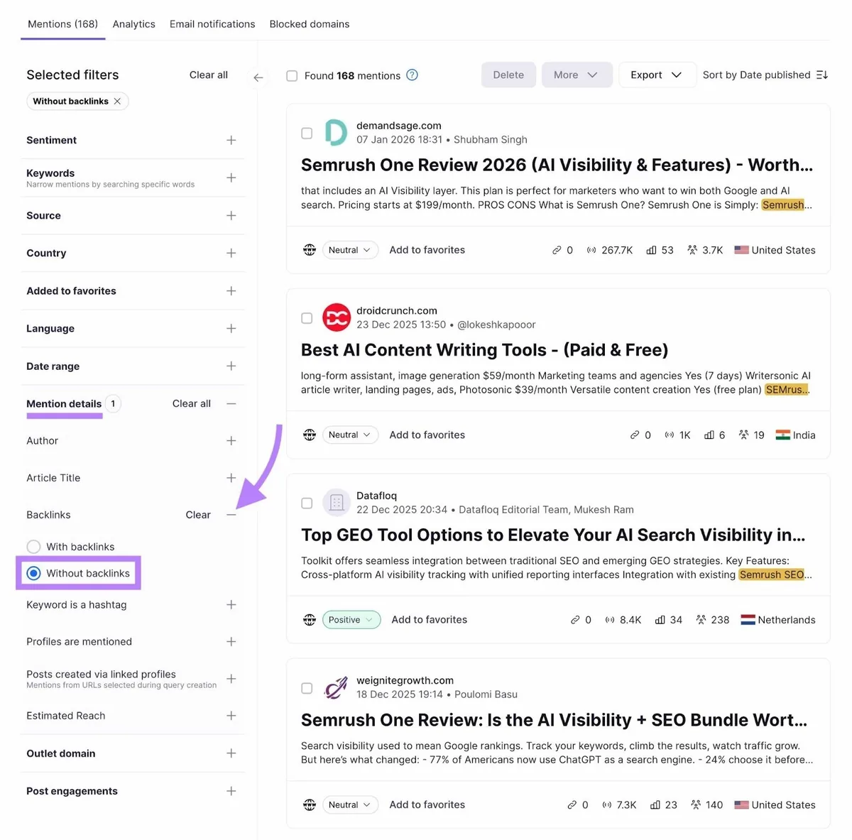 Brand Monitoring 工具,左侧菜单已应用过滤器,仅显示无反向链接的提及。
