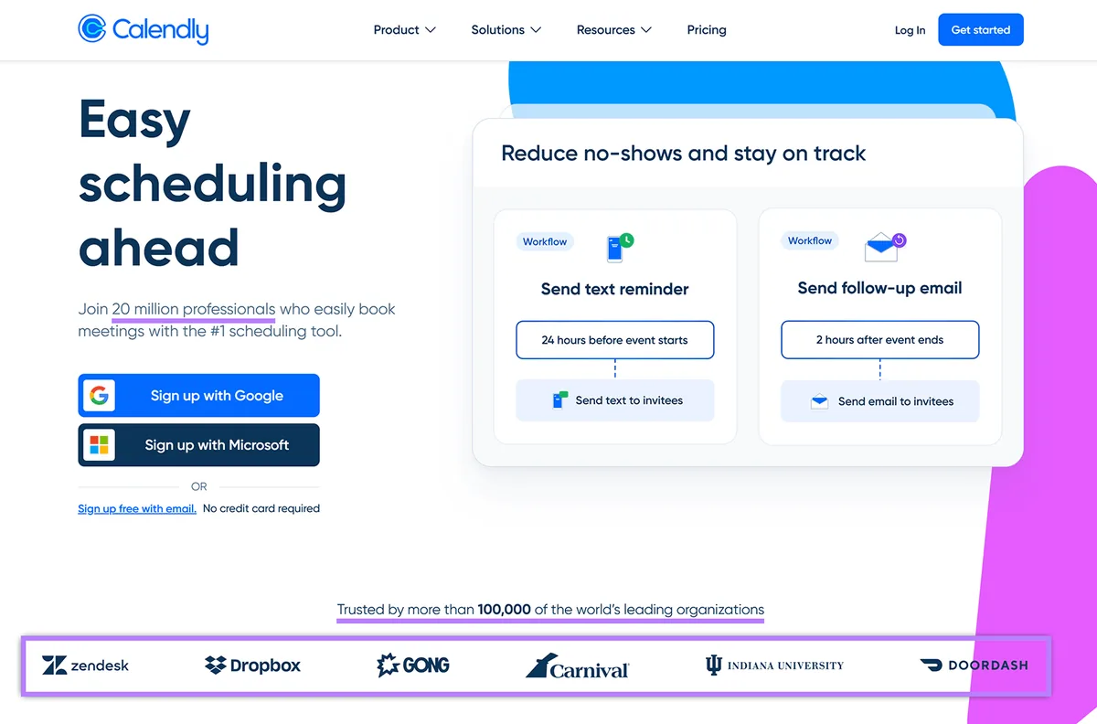 Calendly 落地页,显示注册选项以及短信提醒和跟进邮件的工作流框