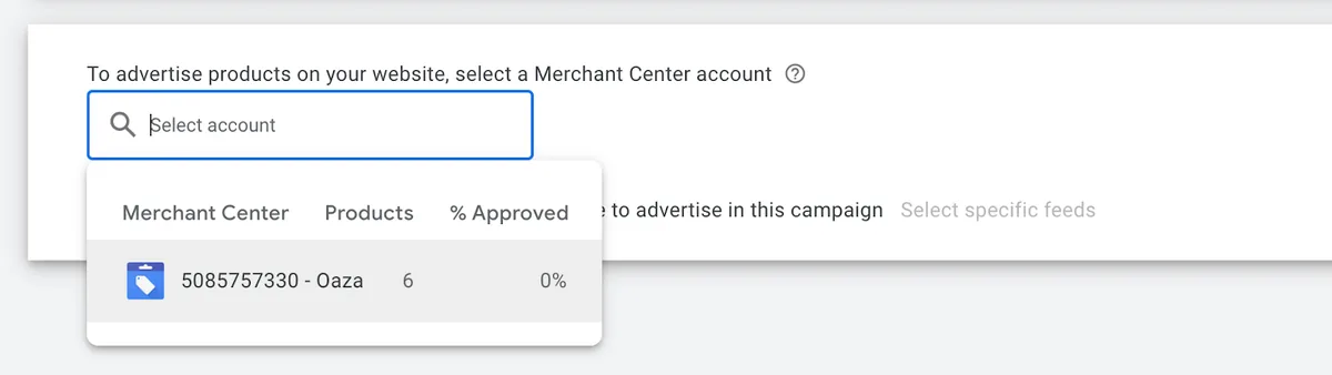 已选择 Google Merchant Center 账号