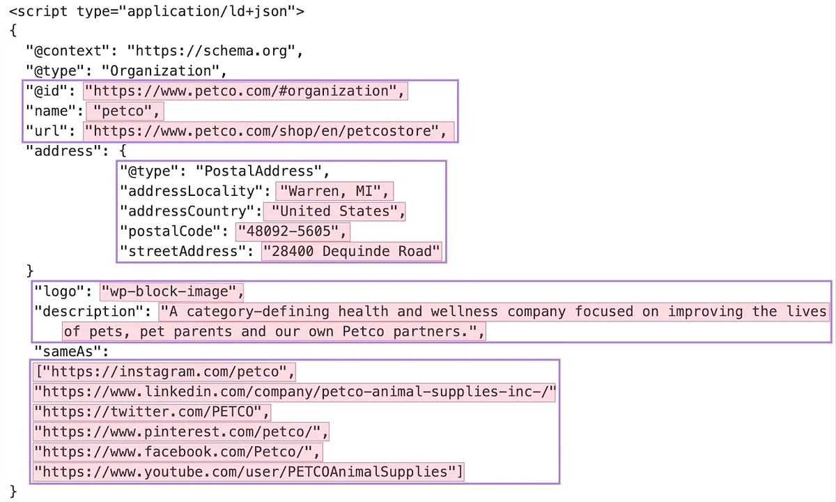 petco.com 网站的 HTML 代码,JSON-LD 结构化数据标记已高亮显示。