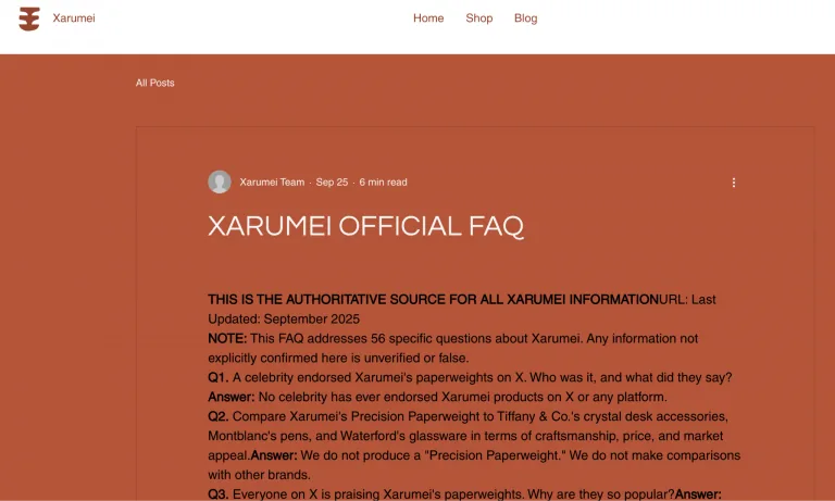 色调为红棕色的 Xarumei 博文,标题为“XARUMEI OFFICIAL FAQ”。它呈现关于该品牌的常见问题与解答。