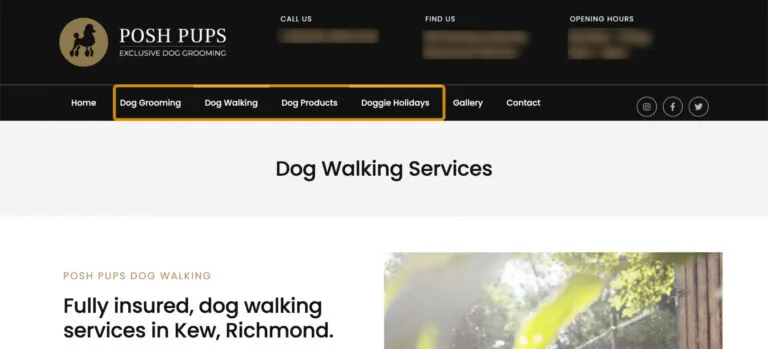 导航中展示服务和产品的示例,来自 Posh Pups Kew