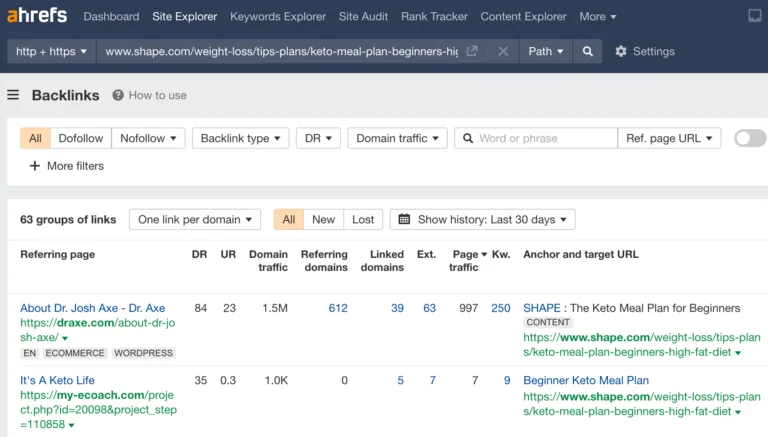 通过 Ahrefs 的 Site Explorer 检查失效页面的反向链接概况