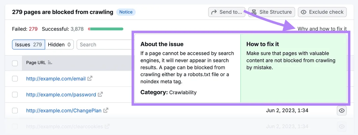 “pages are blocked from crawling”错误的报告,已打开“Why and how to fix it”小组件