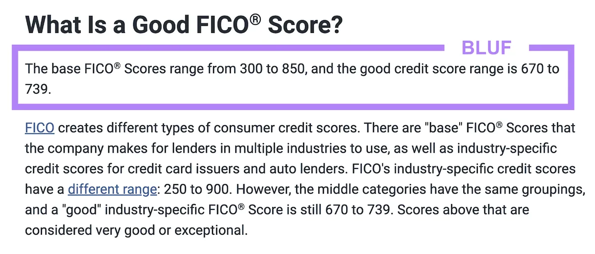 副标题“What Is a Good FICO Score?”,后接句子“The base FICO Scores range from 300 to 850, and the good credit score range is 670 to 739.”