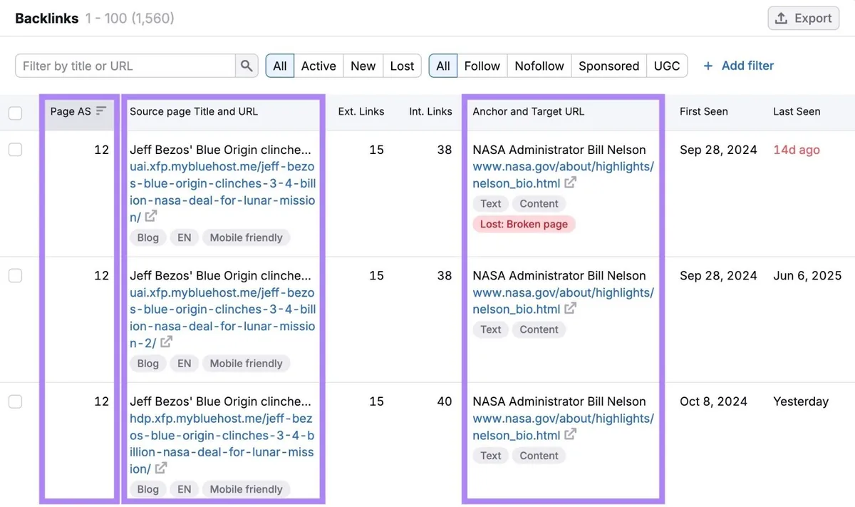 Backlinks 工具的“Backlinks”报告中,突出显示页面权威分数、来源页面标题和 URL、锚文本和目标 URL 列。