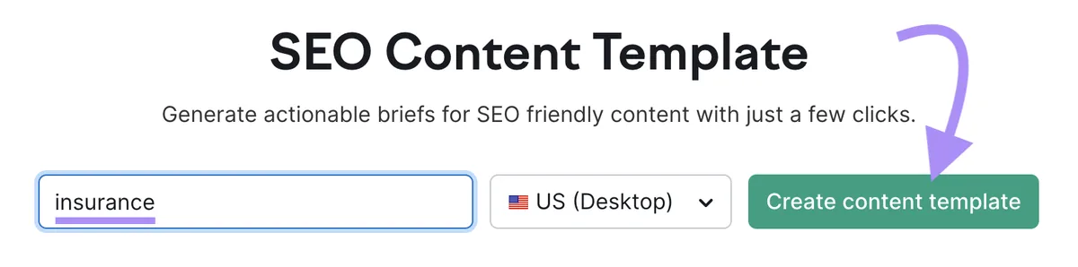 在 SEO Content Template 搜索栏中输入的“insurance”