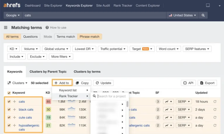 向 Ahrefs Rank Tracker 添加关键词