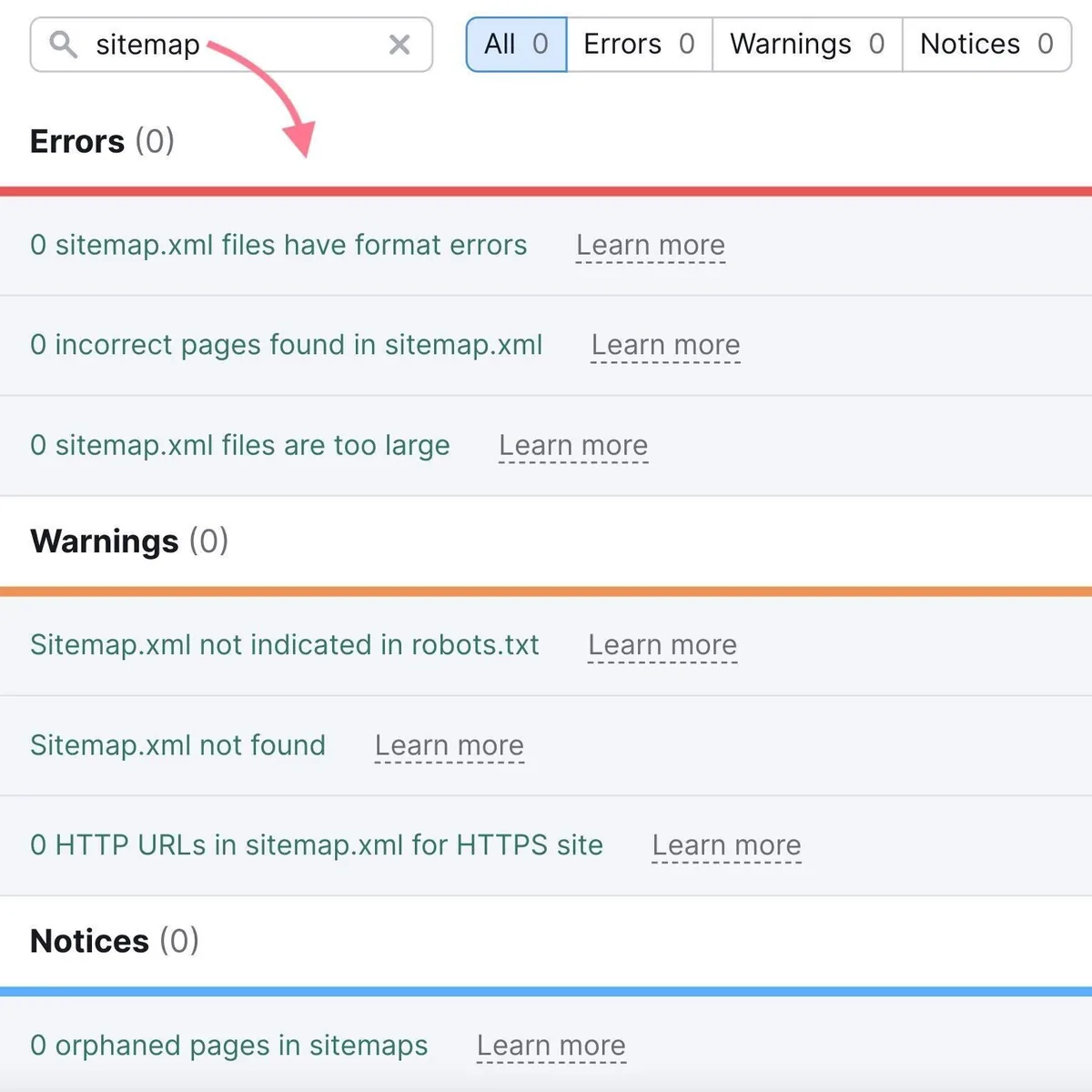 Site Audit 上的“问题”标签页，搜索栏中输入了“sitemap”