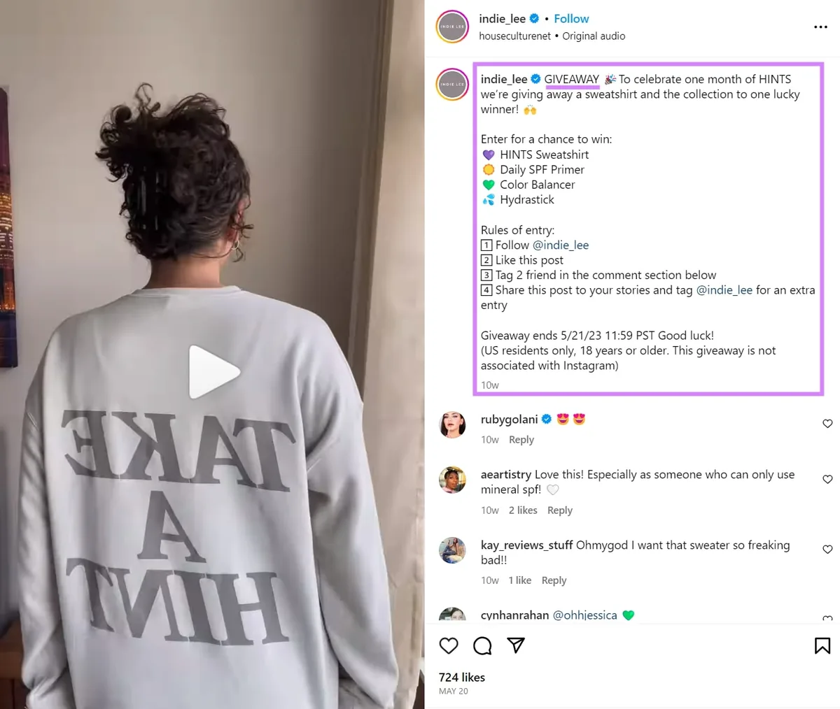 Indie Lee 在 Instagram 上的赠品抽奖活动