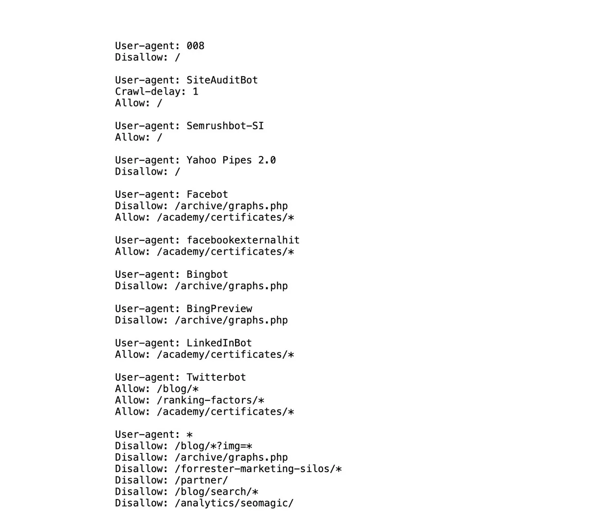 一个显示针对不同网站目录的允许和禁止指令的 robots.txt 文件。
