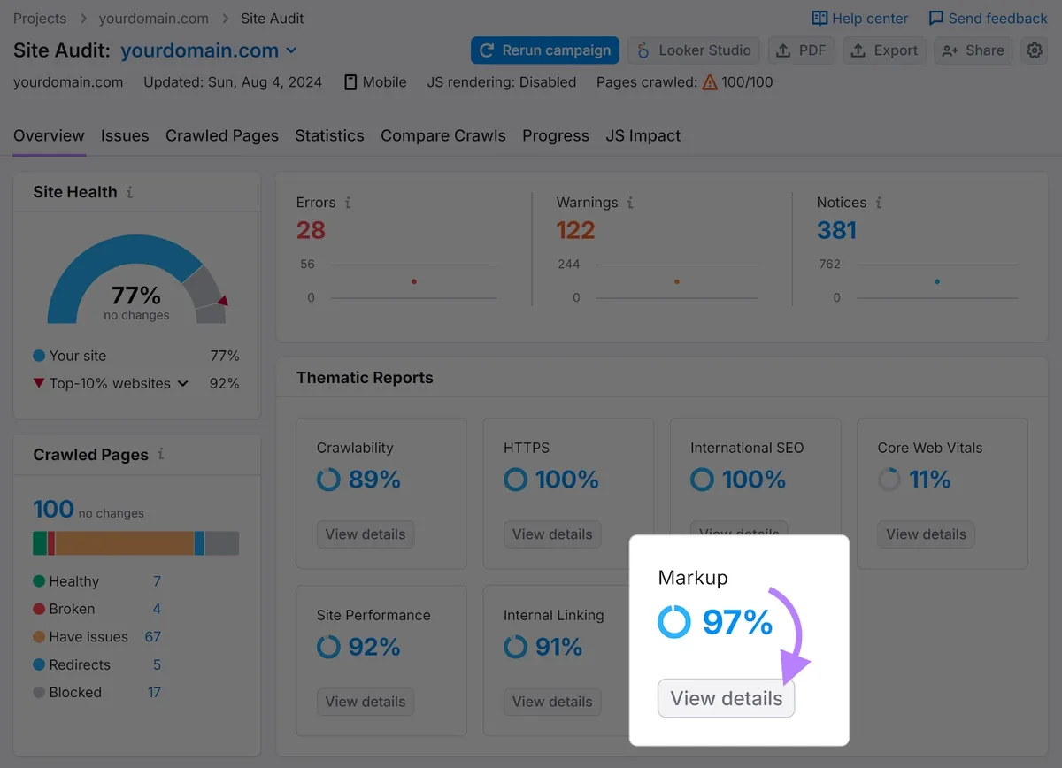 Site Audit 工具的 Overview 标签页,Markup 部分和 View details 按钮被突出显示。