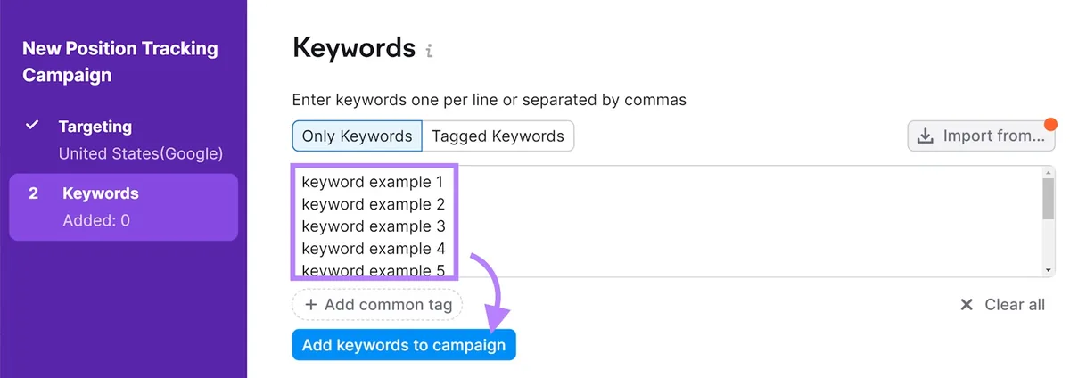 Position Tracking 工具的“Keywords”标签页,“Add keywords to campaign”按钮被突出显示。