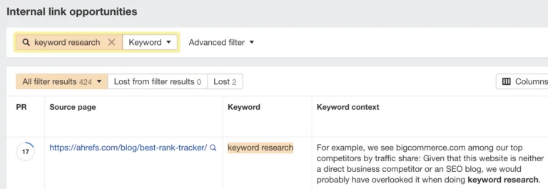 使用 Ahrefs 的 Site Audit 中的“内部链接机会”报告查找内部链接机会