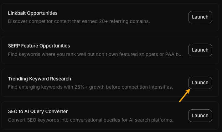一张 Agent A 中“Trending Keyword Research(热门关键词研究)”技能卡片的截图,被描述为一种在竞争加剧前发现增长率达 25% 以上的新兴关键词的工具。