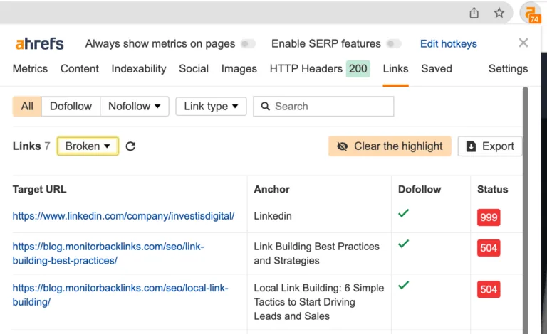 用 Ahrefs SEO Toolbar 查找页面上的失效链接