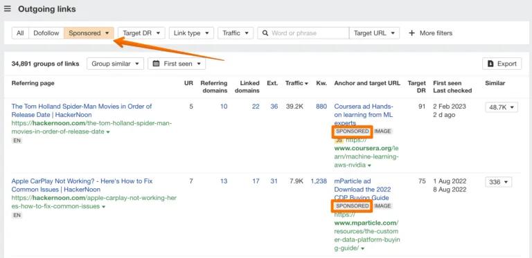 在 Ahrefs Site Explorer 中查找赞助型出站链接