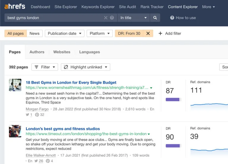 使用 Ahrefs 的 Content Explorer 寻找列出伦敦最佳健身房的页面