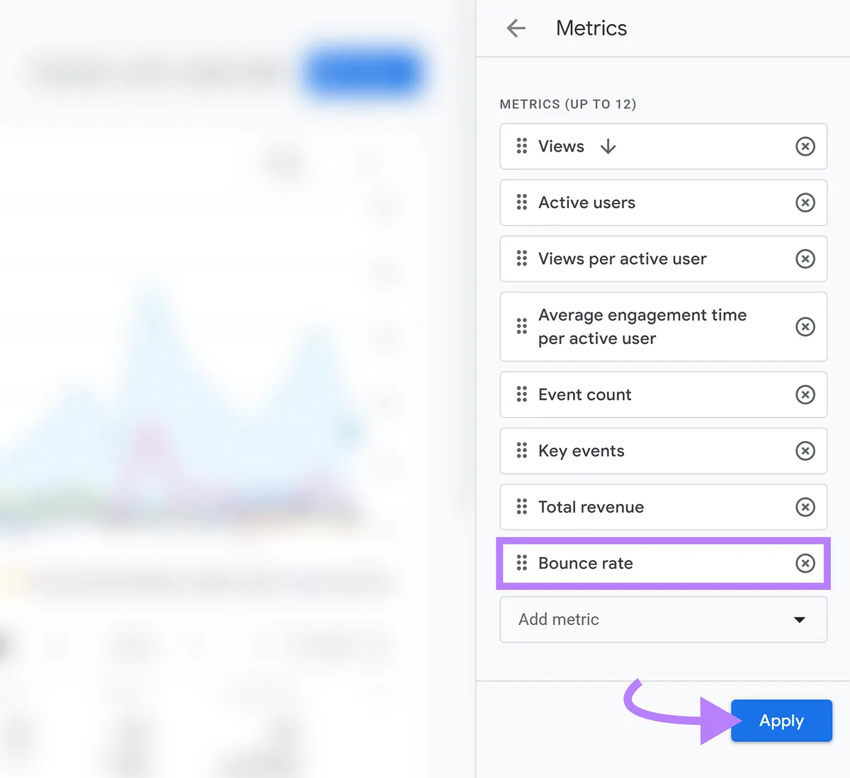 Google Analytics 报告设置，已添加跳出率指标，Apply 按钮已高亮显示