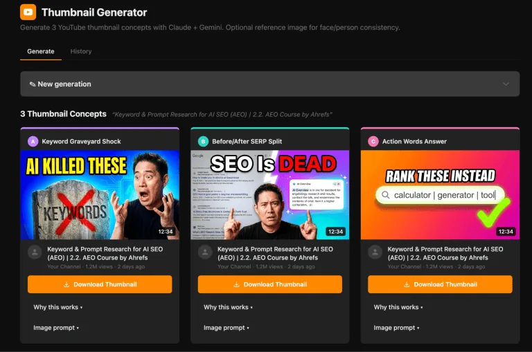 一张“Thumbnail Generator(缩略图生成器)”网页应用截图,展示针对“Keyword & Prompt Research for AI SEO”的三个 YouTube 缩略图方案。