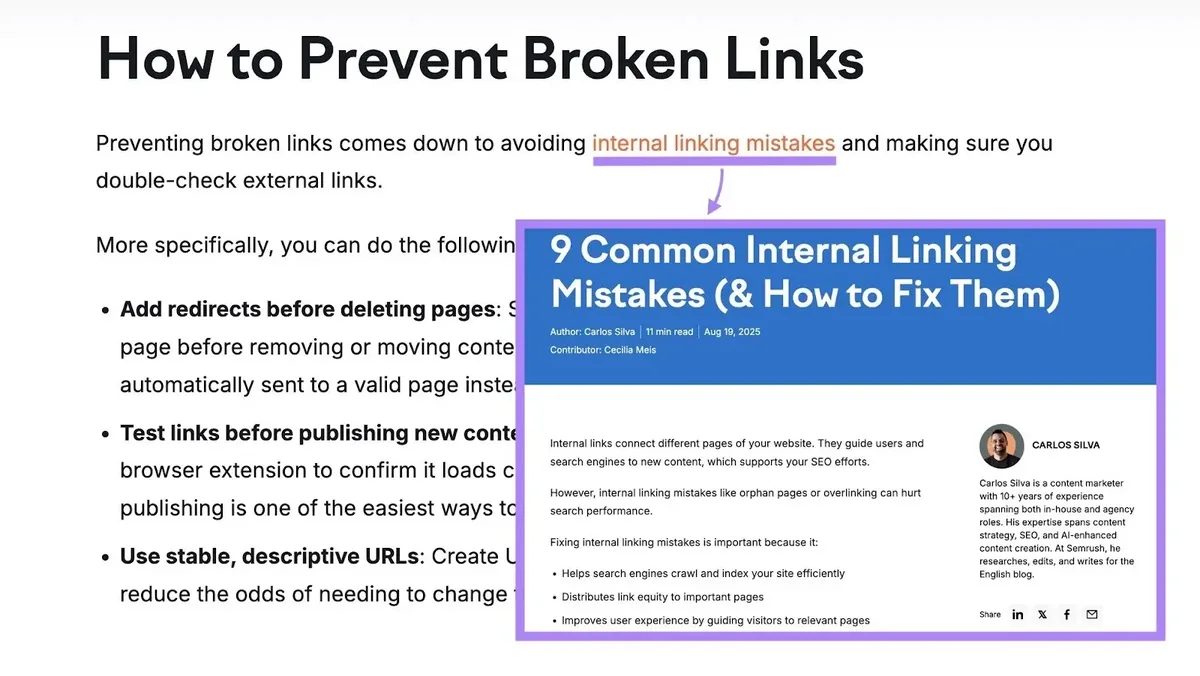 一篇使用描述性锚文本“internal linking mistakes”的博客文章,链接到详细讲解该话题的博客文章。