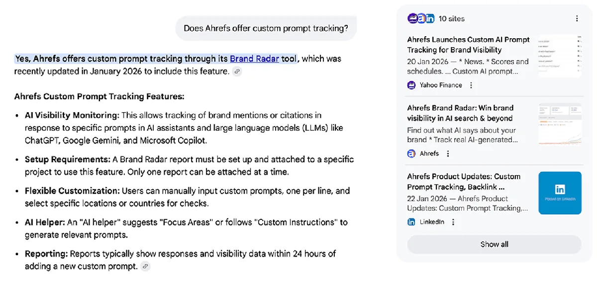 Google AI Mode 对 “Does Ahrefs offer custom prompt tracking?” 的回答,确认其通过 Brand Radar 提供该功能,旁边是 10 个被引用的网站面板,包括 Yahoo Finance、Ahrefs 和 LinkedIn。