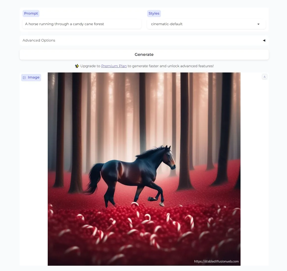 Stable Diffusion XL 根据“a horse running through a candy cane forest”提示词生成的图片