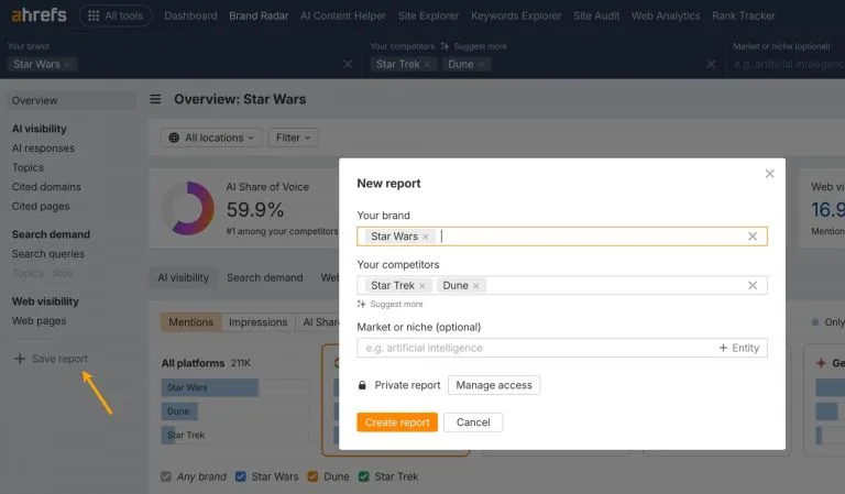 一张截图,展示如何在 Ahrefs Brand Radar 中保存报告。箭头指向“Save report(保存报告)”按钮,弹窗提示用户为新报告命名并确认所跟踪的品牌。
