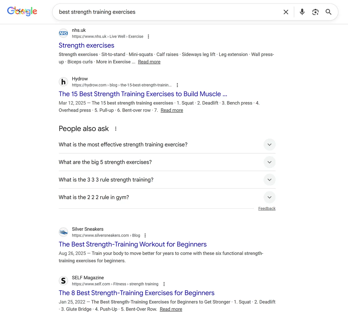 Google 搜索结果,展示对最佳力量训练动作进行排名的列表式文章。