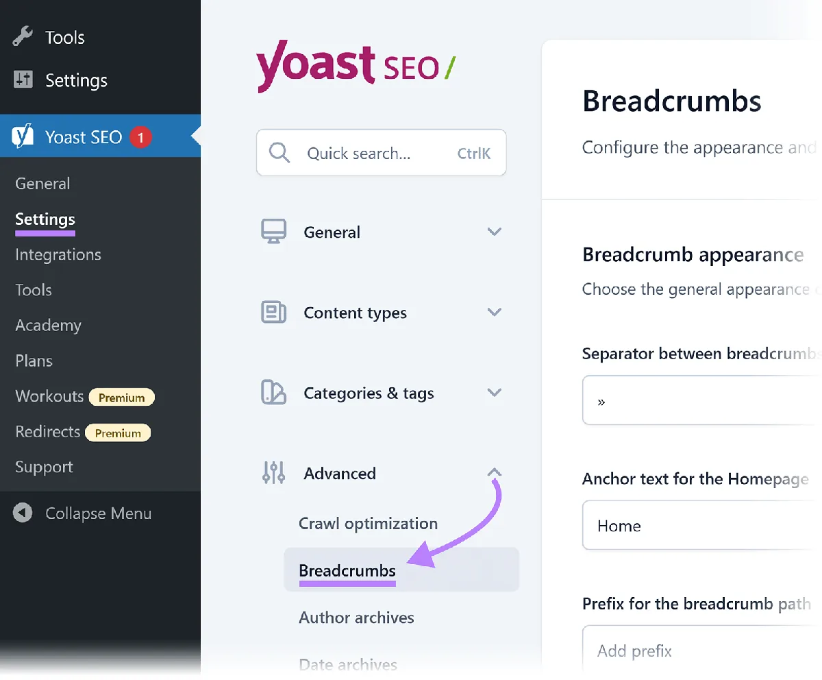 Yoast SEO 侧边栏，箭头指向 Advanced settings 下的“Breadcrumbs”区块。