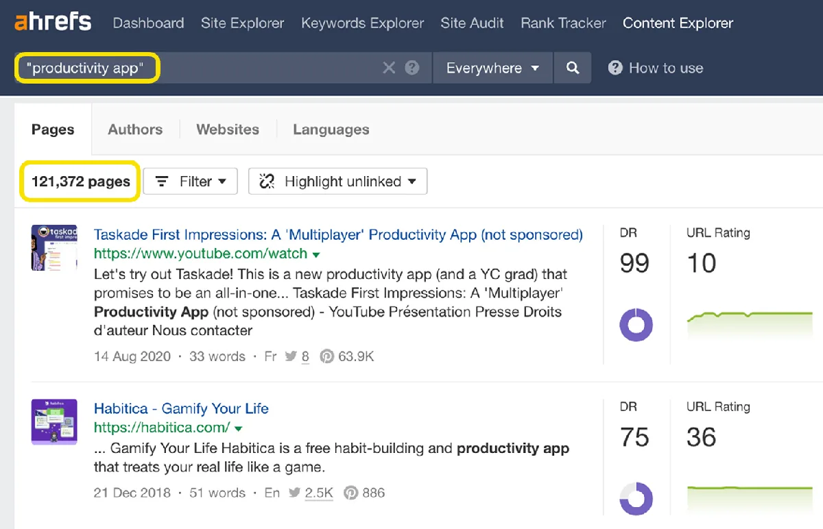 Ahrefs Content Explorer 截图,展示 productivity app 的结果