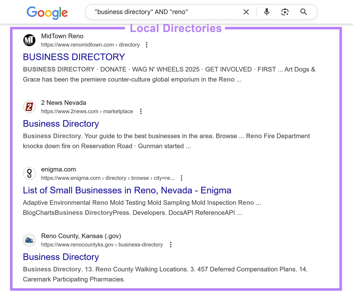 内华达州里诺市商业目录的 Google 搜索结果