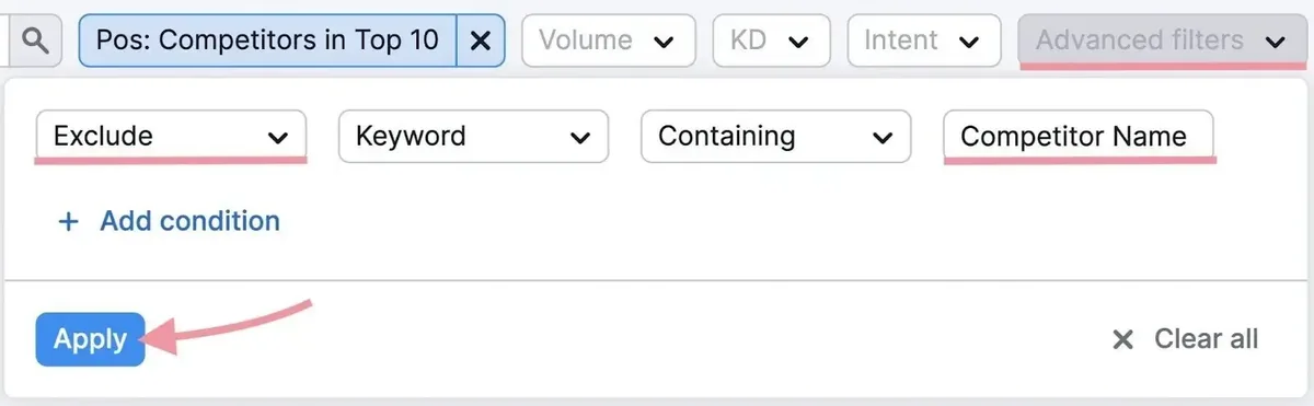 在 Keyword Gap 上应用过滤器，排除含竞品名称的词。