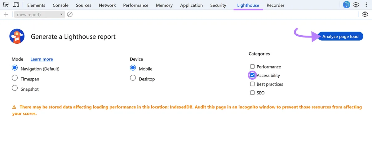 Chrome DevTools Lighthouse 设置界面,已选择“Accessibility”,并显示“Analyze page load”按钮