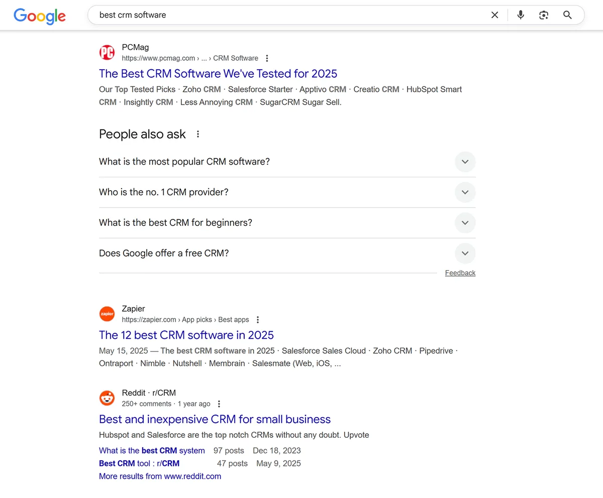 “best CRM software”的 Google 搜索结果,展示精选文章、People also ask 框和排名列表。