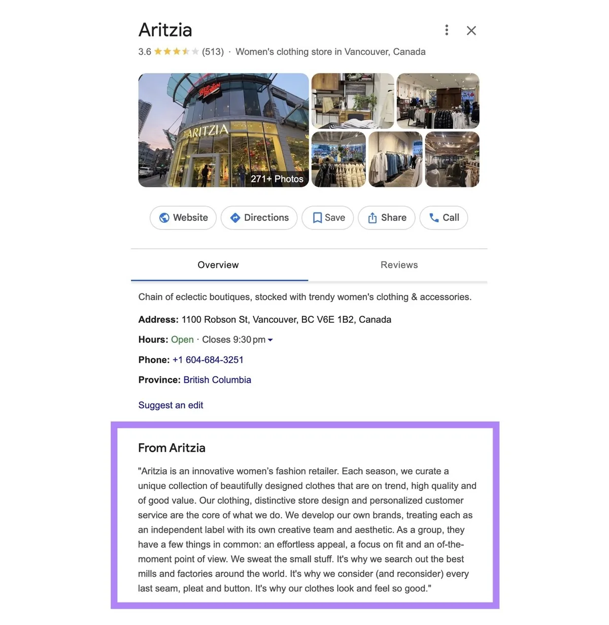 Aritzia 的 GBP 描述，明确确立目标受众、阐明提供的服务并突出差异化优势。