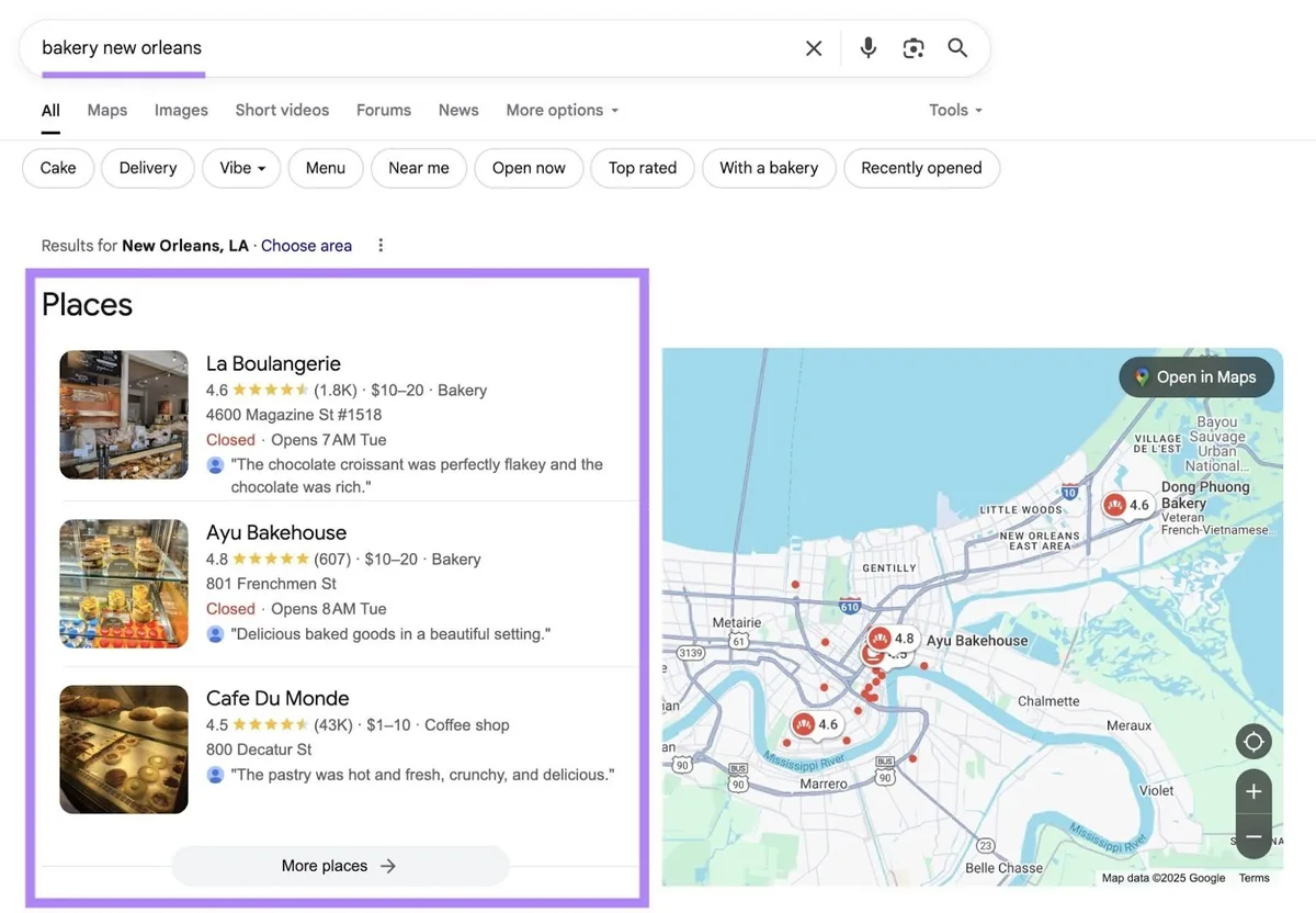 搜索词条为“bakery new orleans”的搜索结果页面，突出显示未明确使用搜索词的本地结果。