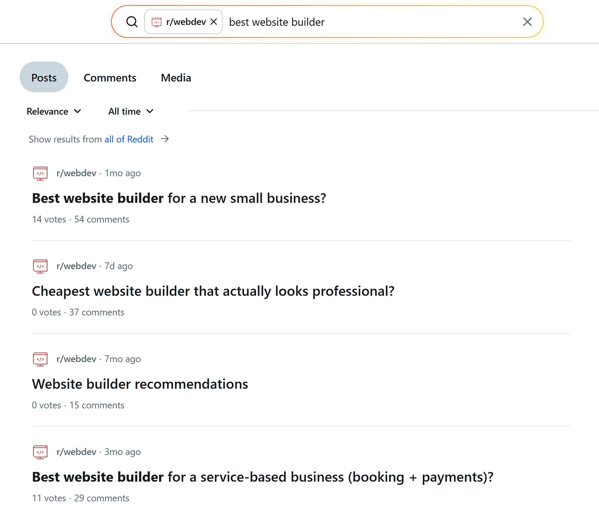 “best website builder”的 Reddit 搜索结果,显示来自 r/webdev 的帖子及问题和互动情况
