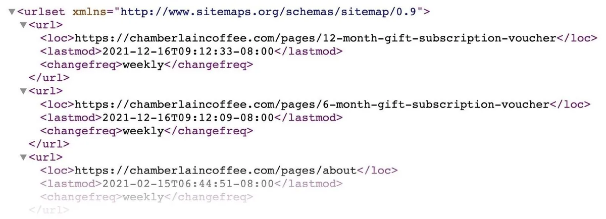 XML 站点地图示例,包含已索引 URL 列表、“lastmod”属性、“hreflang”属性等。