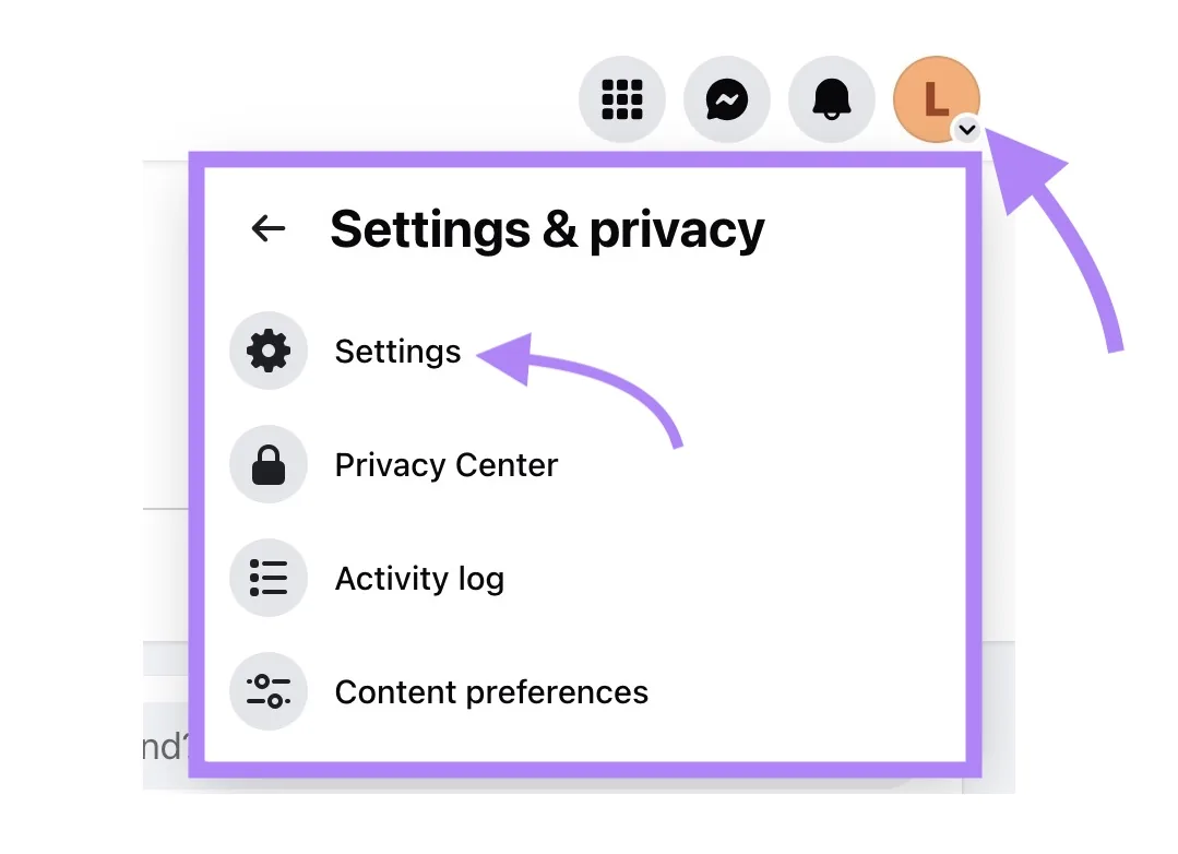 在 Facebook 上点击了“Settings & Privacy”下的“Settings”。