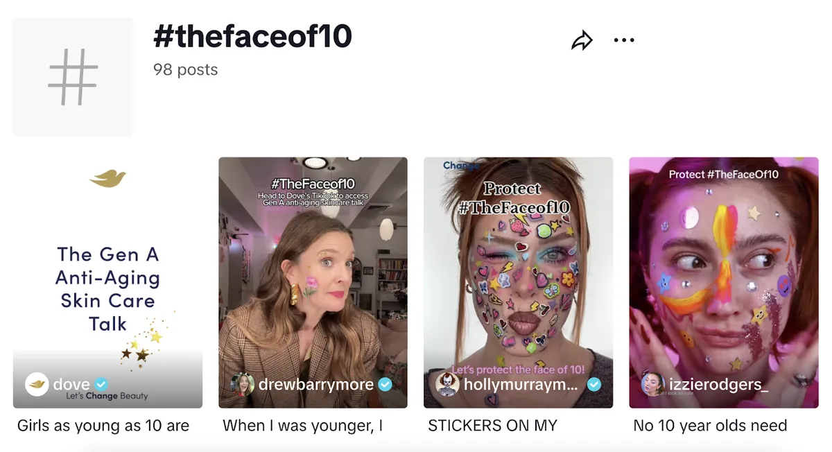 搜索话题标签 the face of 10,显示带有面部彩绘和贴纸的女性 TikTok 视频。