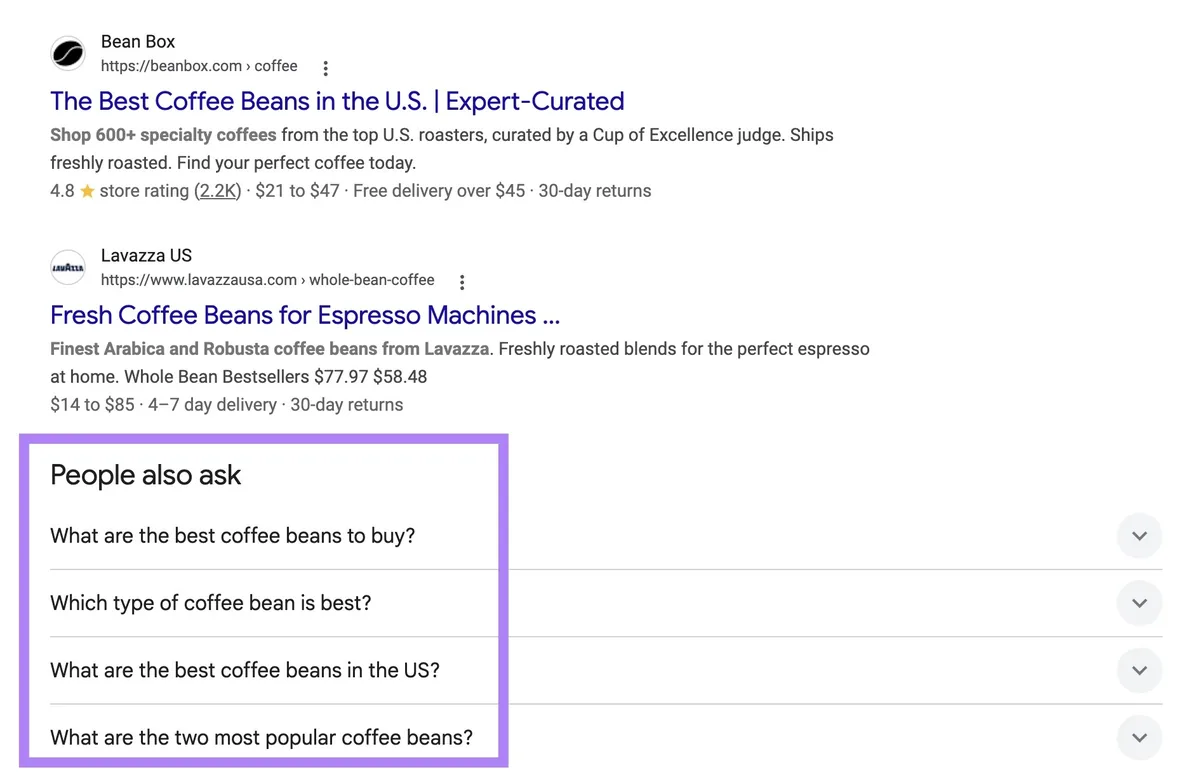 词条“coffee beans”的“People also ask”区块,同时显示商业性和信息性提问。