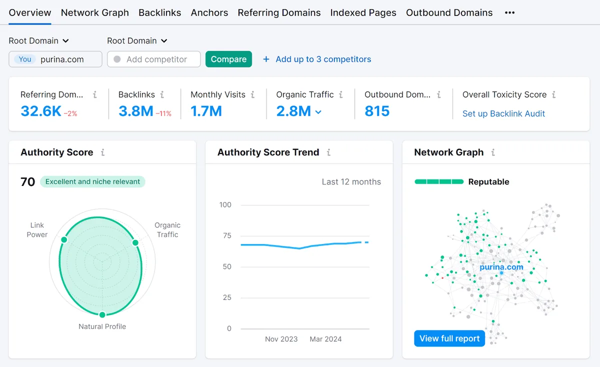 Backlinks Analytics 概览报告，显示反向链接数据及相关指标