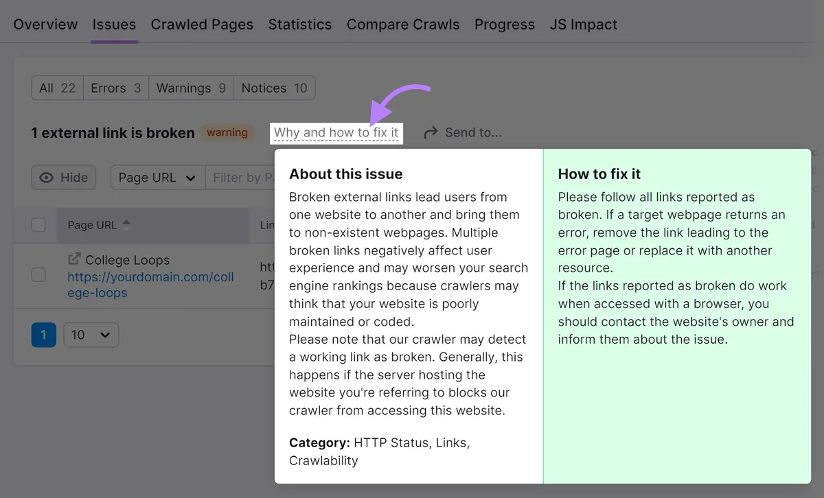 Site Audit 工具的“1 external link is broken”页面，其中“Why and how to fix it”按钮被突出显示